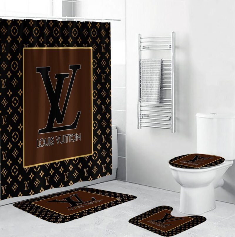 Louis Vuitton Shower Curtains Dark Beige Black Full Bathroom Sets BRS716