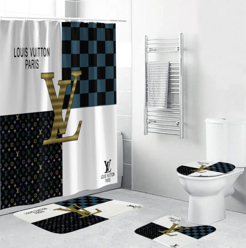 Louis Vuitton Shower Curtains Golden White Black Gold Full Bathroom Sets BRS715