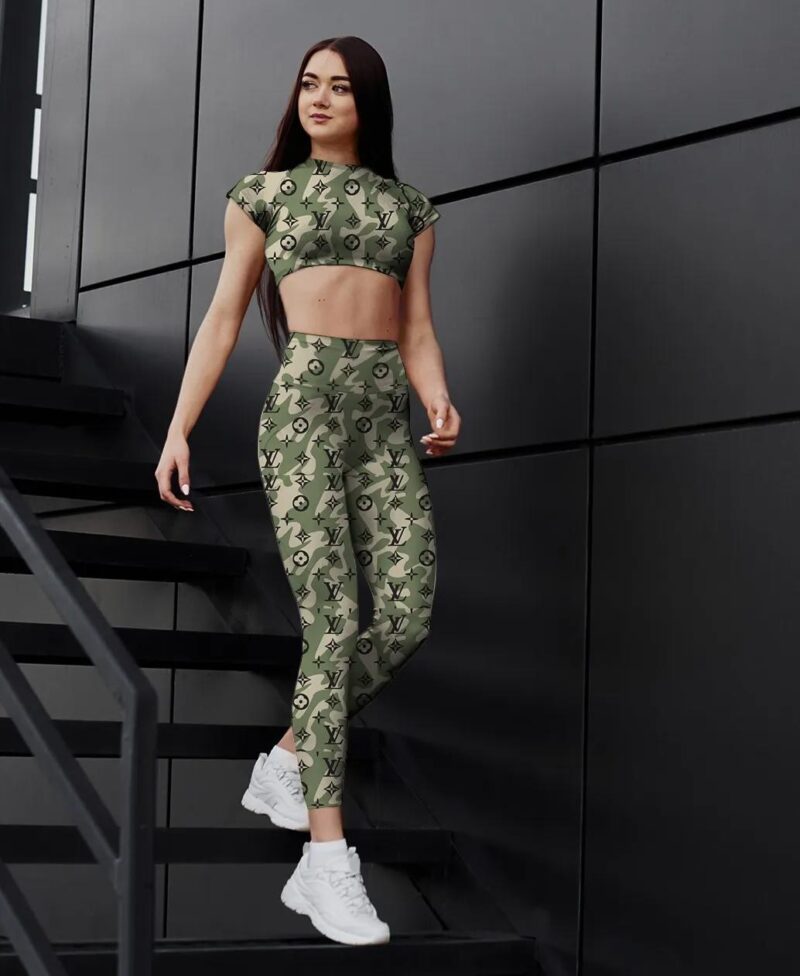 Army Green Louis Vuitton Sportwear Combo Luxury Brand Crop Top T-Shirt And Legging For Women CTL1014