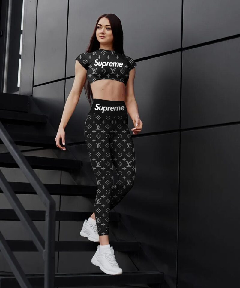 Black Louis Vuitton Sportwear Combo Luxury Crop Top T-Shirt And Legging For Women CTL1010