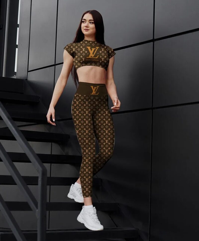 Brown Louis Vuitton Sportwear Combo Luxury Brand Crop Top T-Shirt And Legging For Women CTL1012
