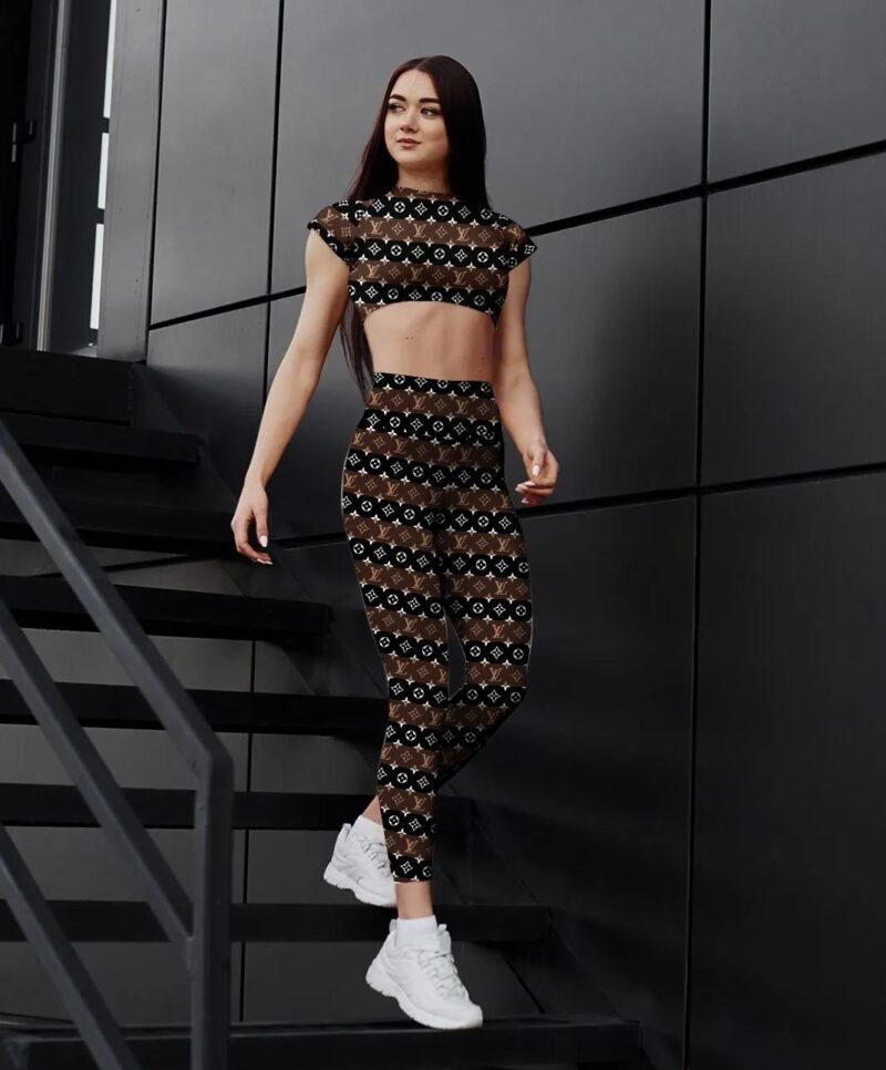 Brown Louis Vuitton Sportwear Combo Luxury Crop Top T-Shirt And Legging For Women CTL1009