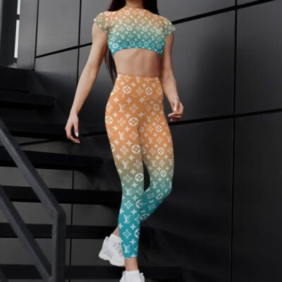 Gradient Louis Vuitton Luxury Sportwear Combo Luxury Brand Crop Top T-Shirt And Legging For Women CTL1044