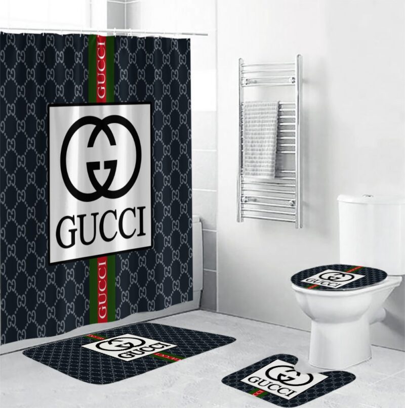 Gucci Bathroom Set Gray And Black White Logo Full Shower Curtain BRS272