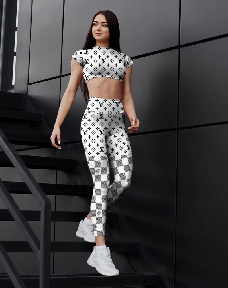 White Checkerboard Louis Vuitton Sportwear Combo Luxury Brand Crop Top T-Shirt And Legging For Women CTL1013