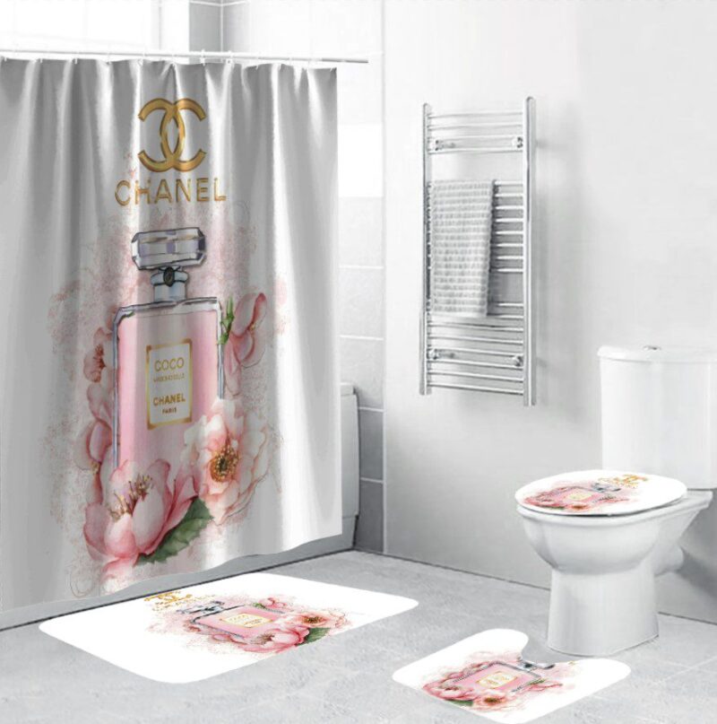 Chanel Shower Curtain Perfume Gold Flowers Rose Luxury Bathroom Set BRS803