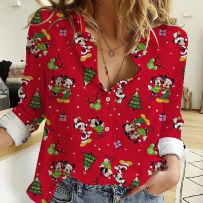 Mickey Xmas Women Casual Shirt Mickey Women Blouses Mickey Linen Shirt Casual Long Sleeve Button Down Shirt Mickey Fans Gift