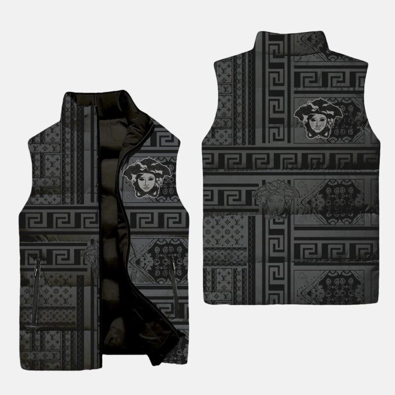 Versace Black Grey Patten Luxury Brand 3D Sleeveless Down Jacket