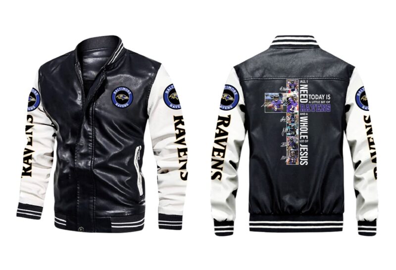 All I Need Today Is Little Bit Baltimore Ravens And Whole Lots Of Jesus Gift For Ravens Fans Leather Bomber Jacket LBJ0012