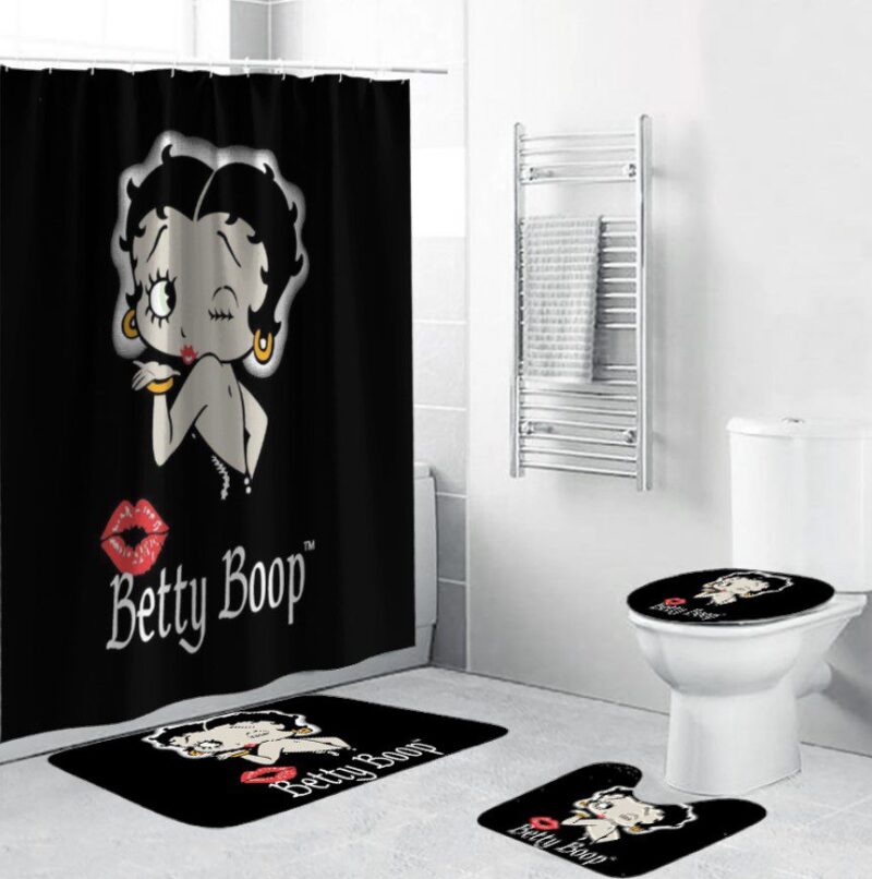 Betty Boop Blowing A Kiss Black Bathroom Shower Curtain Toilet Seat Rugs Set BRS344