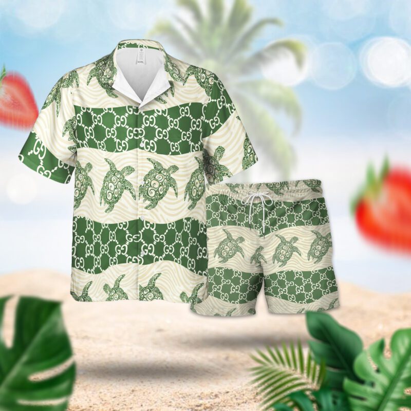 Gucci Green Turtle Luxury Summer 2024 Hawaiian Shorts Set LHSS1012