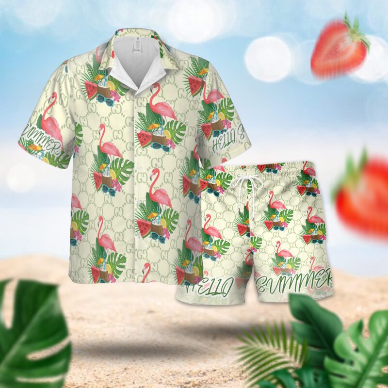 Gucci Tropical Plant And Flamingo Luxury Summer 2024 Hawaiian Shorts Set LHSS1015