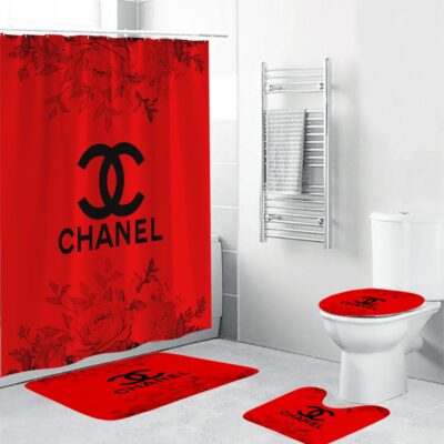 Chanel Shower Curtain Red Black Logo Stripe Luxury Bathroom Set BRS282