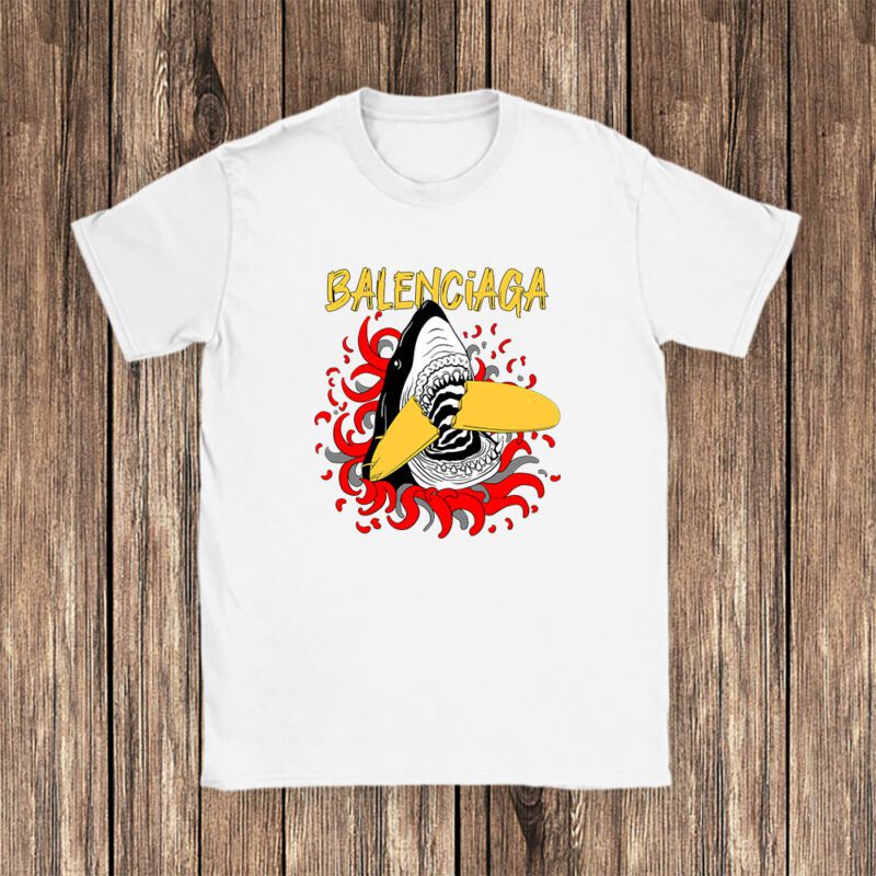 Cartoon Shark With Surfboard Balenciaga Unisex T Shirt TAT5484 1