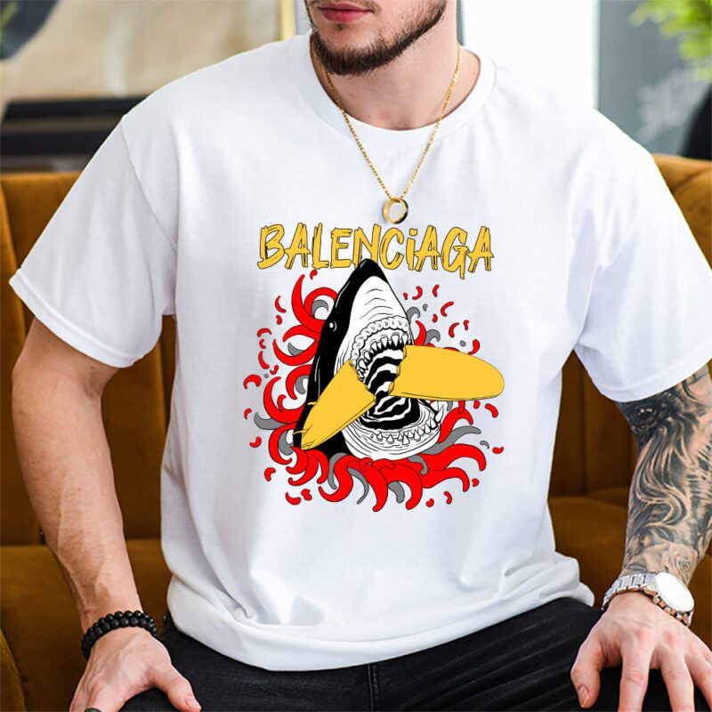 Cartoon Shark With Surfboard Balenciaga Unisex T Shirt TAT5484 2