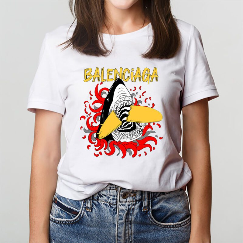 Cartoon Shark With Surfboard Balenciaga Unisex T Shirt TAT5484 3
