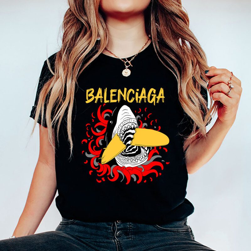Cartoon Shark With Surfboard Balenciaga Unisex T Shirt TAT5484 5