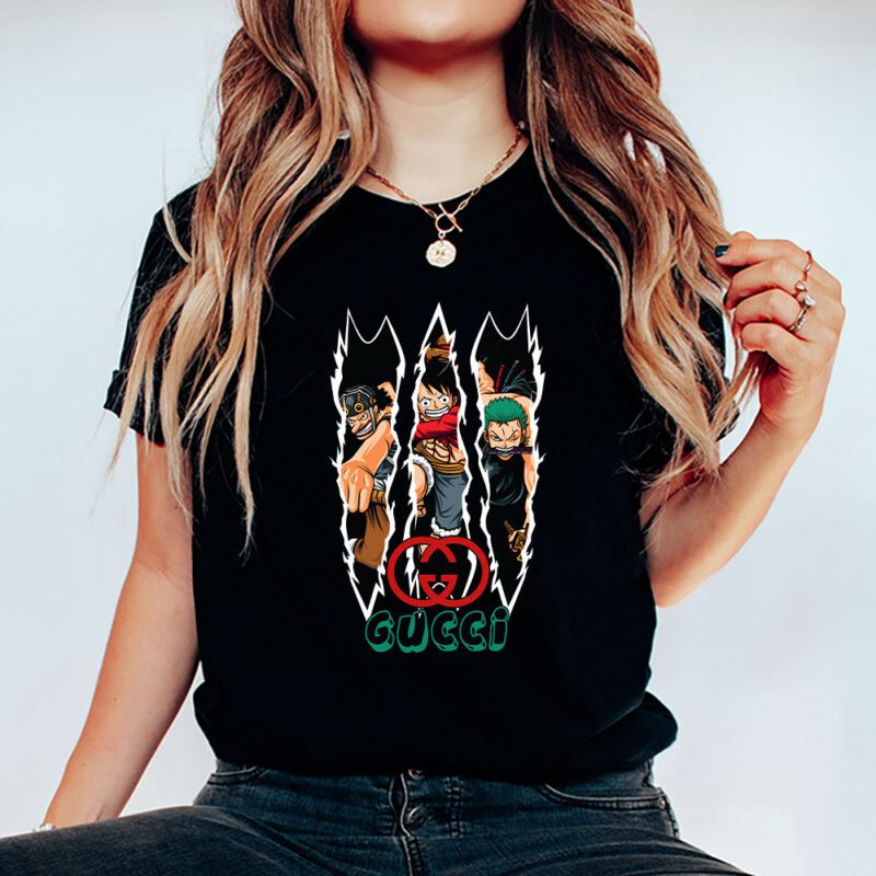 Monkey D Luffy Roronoa Zoro Usopp One Piece Gucci Brand Unisex T Shirt Cotton Tee TAT6299 5