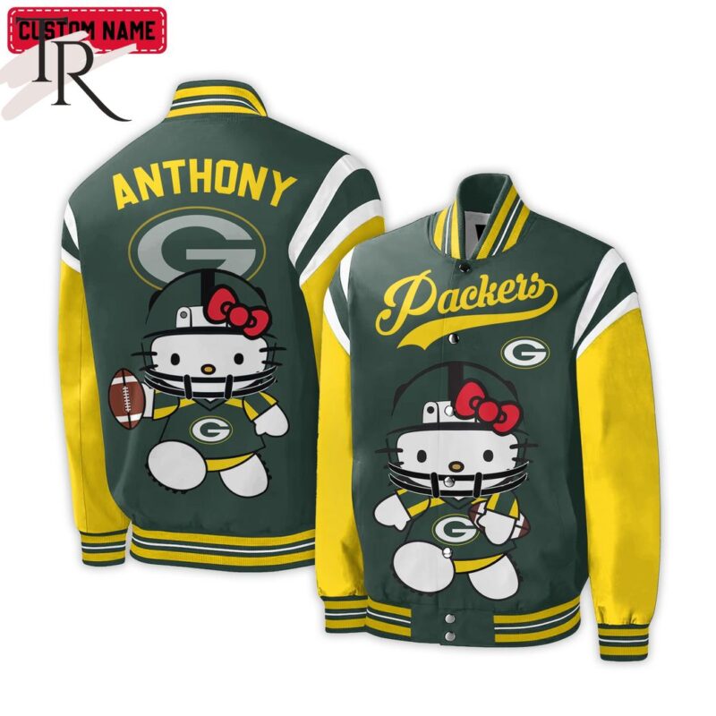 Personalized NFL Green Bay Packers Special Hello Kitty Design Baseball Jacket For Fans TBJ1110