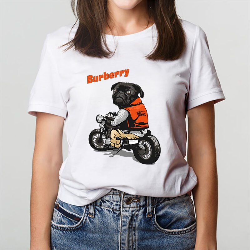 Pug Dog Riding A Motorcycle Burberry Brand Unisex T Shirt Cotton Tee TAT6375 2