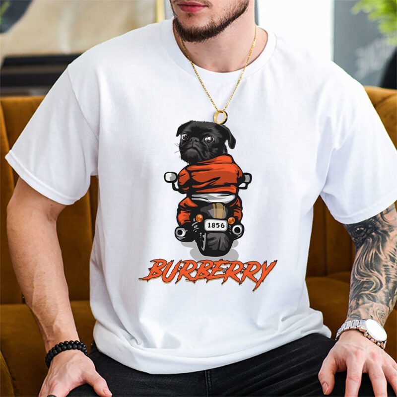 Pug Dog Riding A Motorcycle Burberry Brand Unisex T Shirt Cotton Tee TAT6377 2
