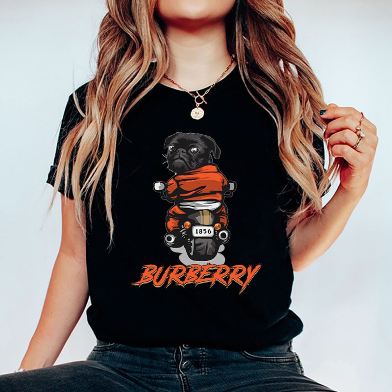 Pug Dog Riding A Motorcycle Burberry Brand Unisex T Shirt Cotton Tee TAT6377 5
