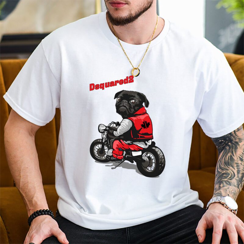 Pug Dog Riding A Motorcycle Dsquared2 Brand Unisex T Shirt Cotton Tee TAT6379 1