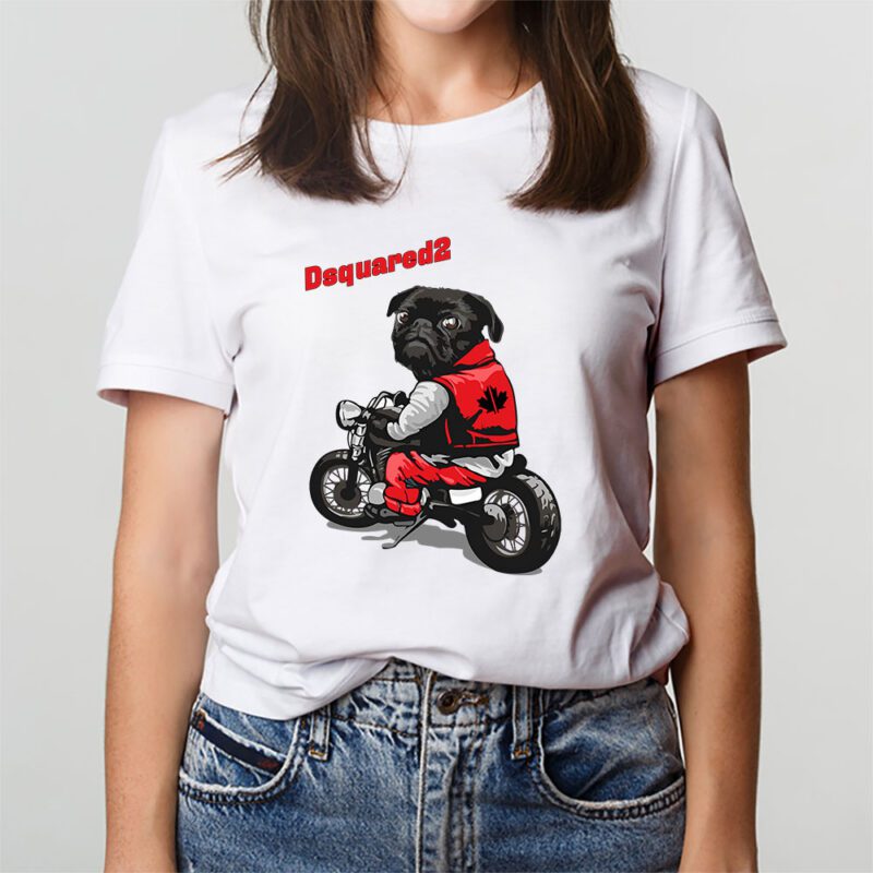 Pug Dog Riding A Motorcycle Dsquared2 Brand Unisex T Shirt Cotton Tee TAT6379 2