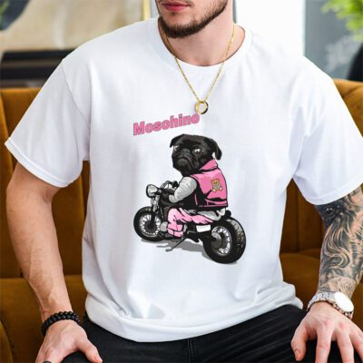 Pug Dog Riding A Motorcycle Moschino Brand Unisex T-Shirt Cotton Tee TAT6387 1 Pug Dog Riding A Motorcycle Moschino Brand Unisex T Shirt Cotton Tee TAT6387 1