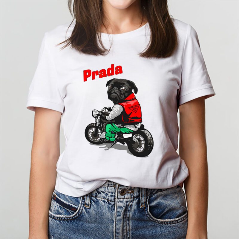 Pug Dog Riding A Motorcycle Prada Brand Unisex T Shirt Cotton Tee TAT6388 2