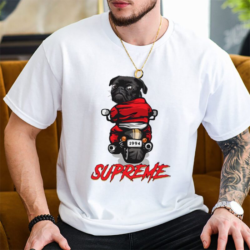Pug Dog Riding A Motorcycle Supreme Brand Unisex T Shirt Cotton Tee TAT6390 2