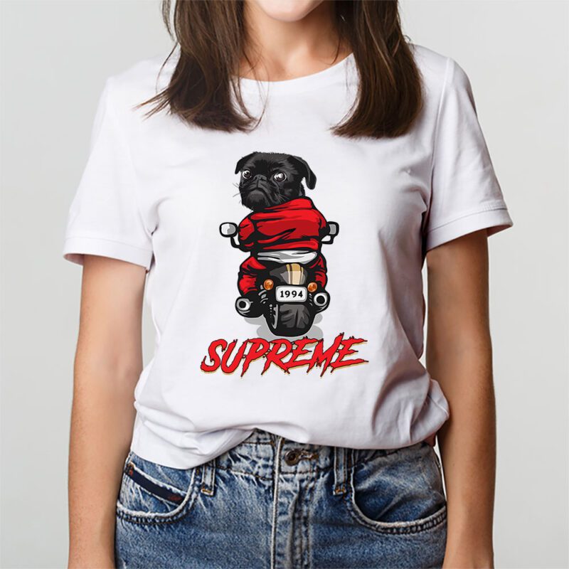 Pug Dog Riding A Motorcycle Supreme Brand Unisex T Shirt Cotton Tee TAT6390 3