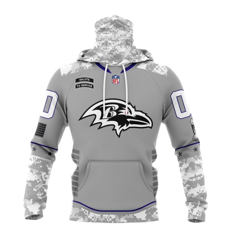 Baltimore Ravens NFL Specialized Design Camo 2024 Salute To Service Club Personalized Letters Number Gaiter Hoodie WGH2002