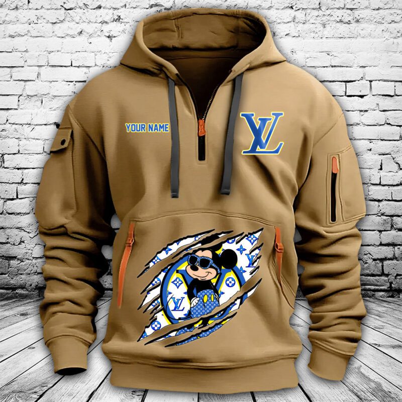 Louis Vuitton Blue Monogram Canvas Pattern Mickey Mouse Premium Quarter Zip Hoodie OQZ1014 1