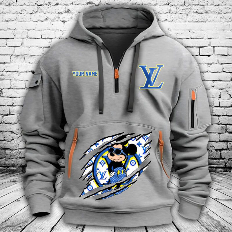 Louis Vuitton Blue Monogram Canvas Pattern Mickey Mouse Premium Quarter Zip Hoodie OQZ1014 2