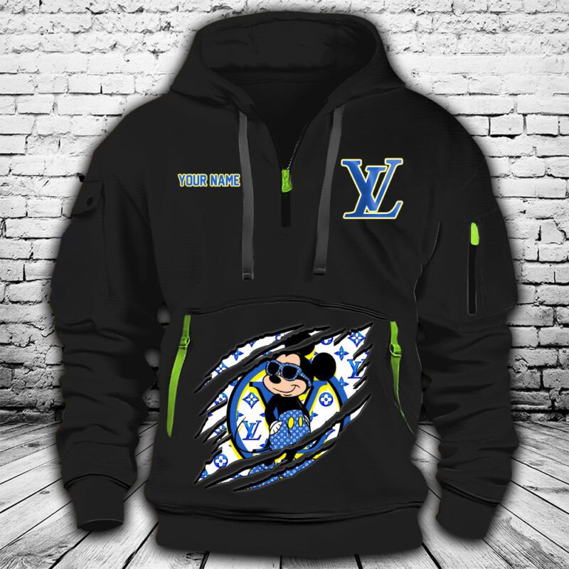 Louis Vuitton Blue Monogram Canvas Pattern Mickey Mouse Premium Quarter Zip Hoodie OQZ1014