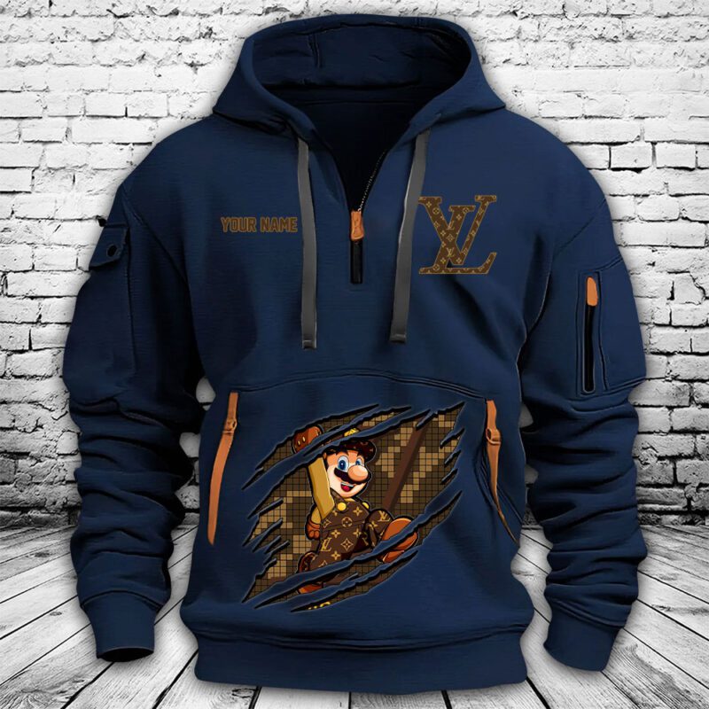 Louis Vuitton Logo Luxury Monogram Canvas Pattern Supper Mario Premium Quarter Zip Hoodie OQZ1044 3