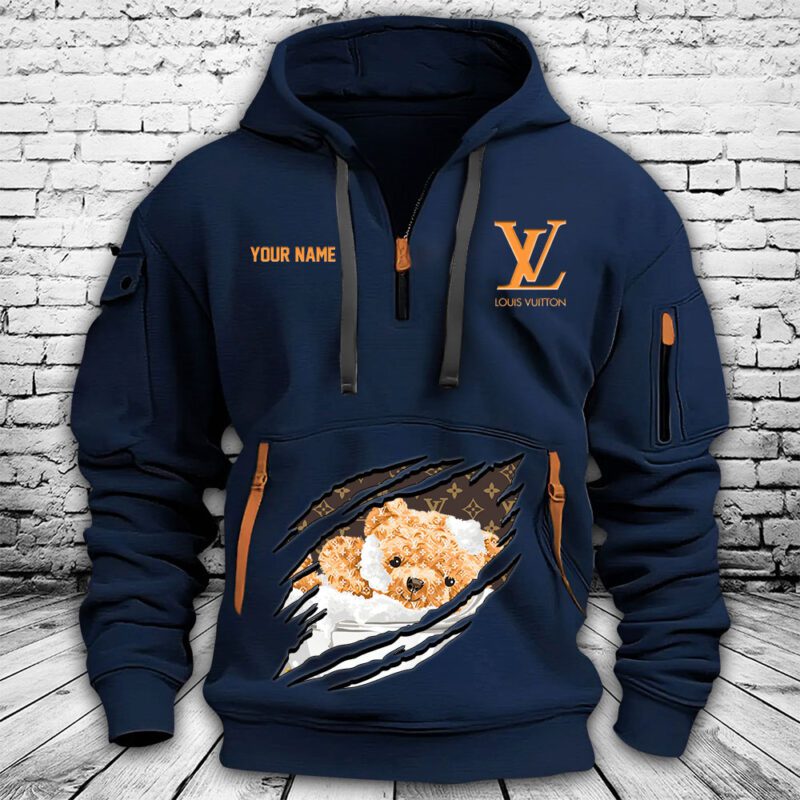 Louis Vuitton Logo Luxury Teddy Bear Premium Quarter Zip Hoodie OQZ1008 3