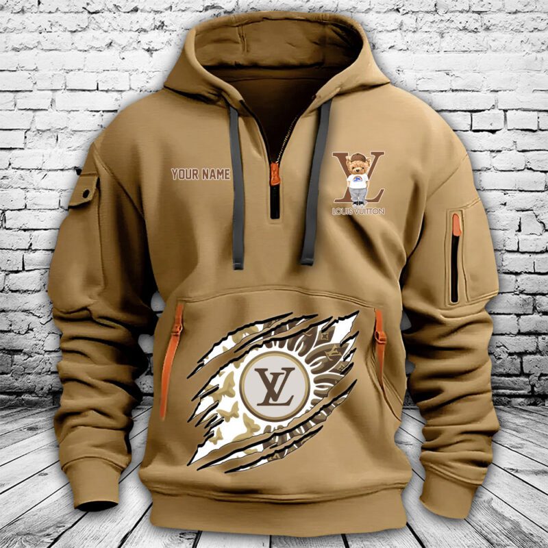 Louis Vuitton Logo Luxury Teddy Bear Premium Quarter Zip Hoodie OQZ1009 1