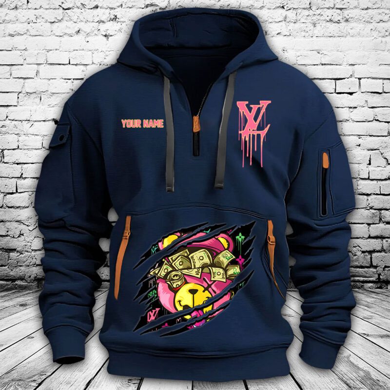 Louis Vuitton Logo Luxury Teddy Bear Premium Quarter Zip Hoodie OQZ1037 3