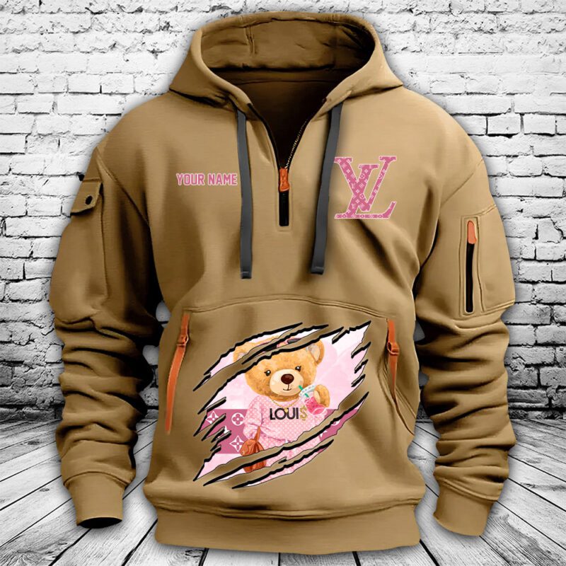 Louis Vuitton Logo Luxury Teddy Bear Premium Quarter Zip Hoodie OQZ1038 1