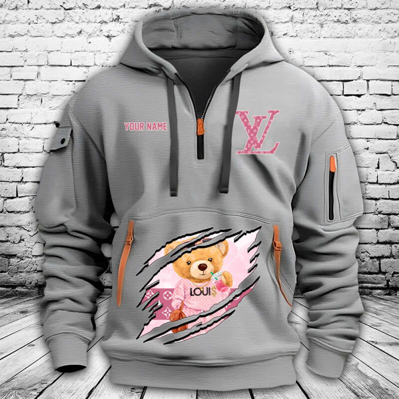Louis Vuitton Logo Luxury Teddy Bear Premium Quarter Zip Hoodie OQZ1038 2