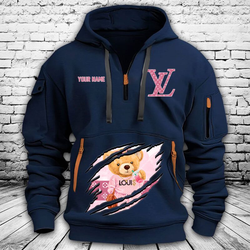 Louis Vuitton Logo Luxury Teddy Bear Premium Quarter Zip Hoodie OQZ1038 3