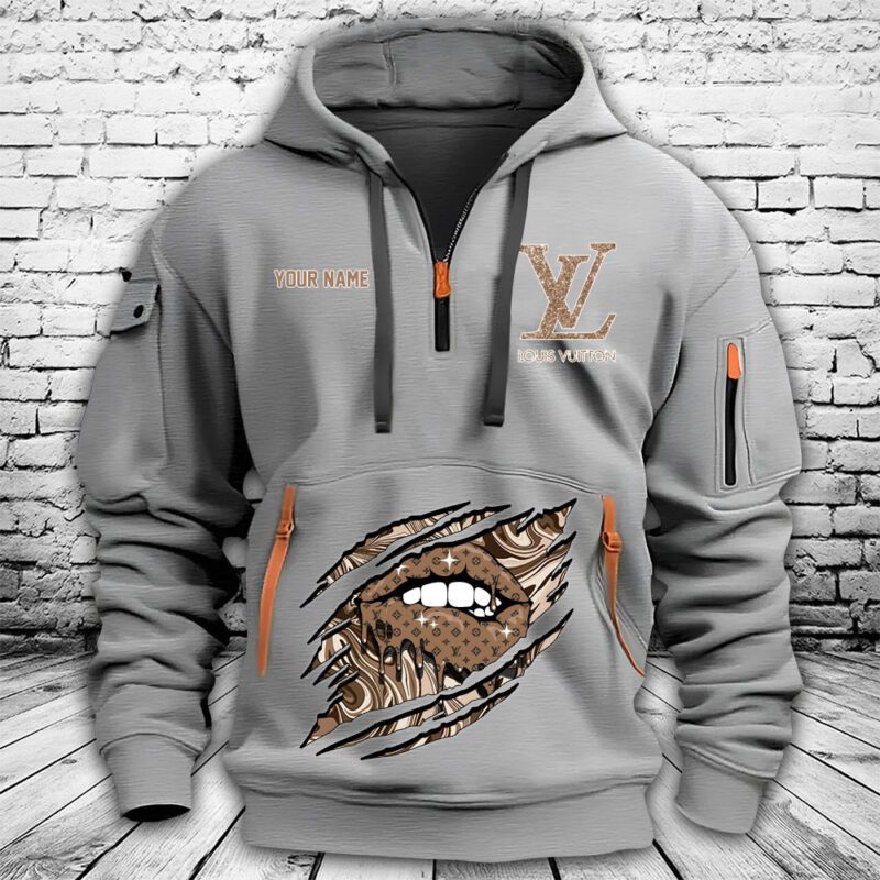 Louis Vuitton Monogram Canvas Pattern Sexy Lips Premium Quarter Zip Hoodie OQZ1046 2