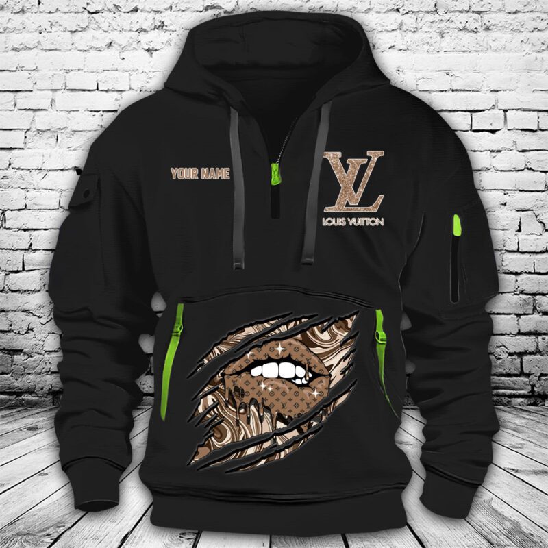 Louis Vuitton Monogram Canvas Pattern Sexy Lips Premium Quarter Zip Hoodie OQZ1046