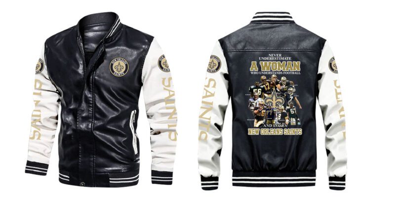 Never Underestimate Woman Understands Football And Loves New Orleans Saints Gift For Saints Fans Leather Bomber Jacket LBJ0045