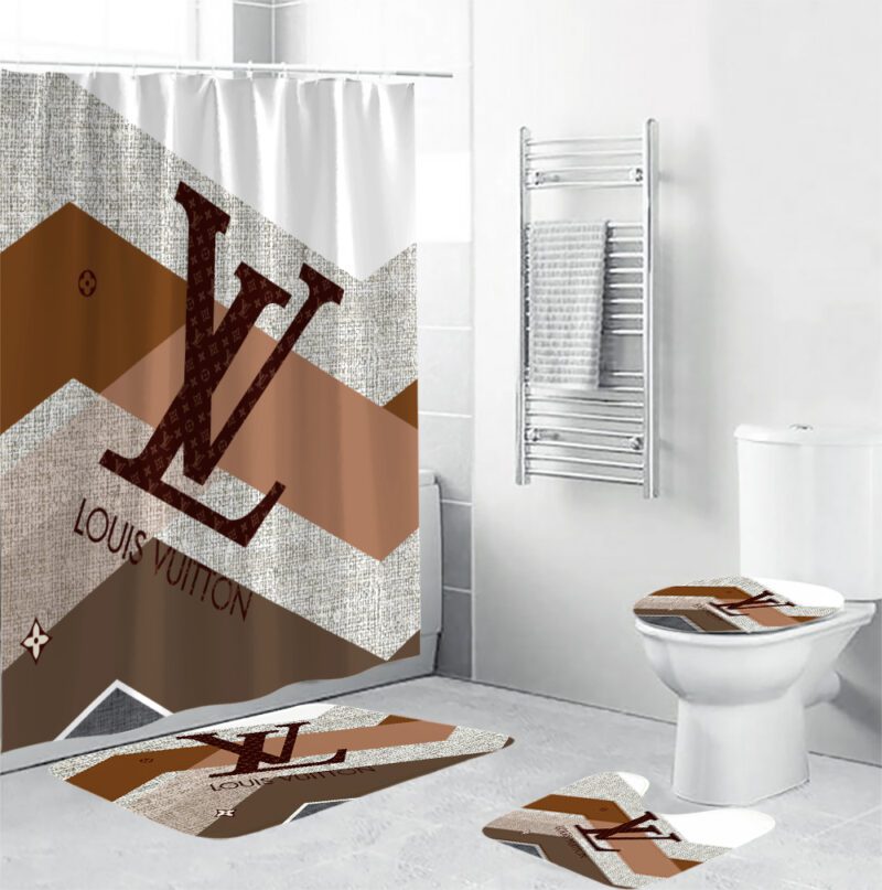 Louis Vuitton Shower Curtains Striped Beige Logo Full Bathroom Sets BRS712