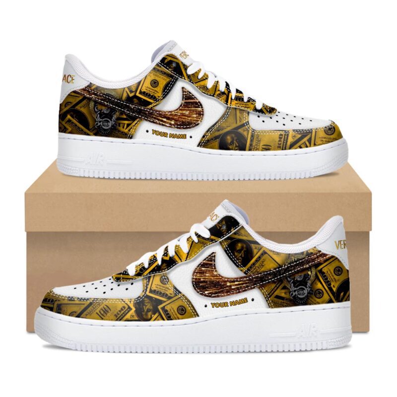 Versace Gold Banknote Pattern Air Force 1 Sneakers Limited AF1 Shoes OAF1068