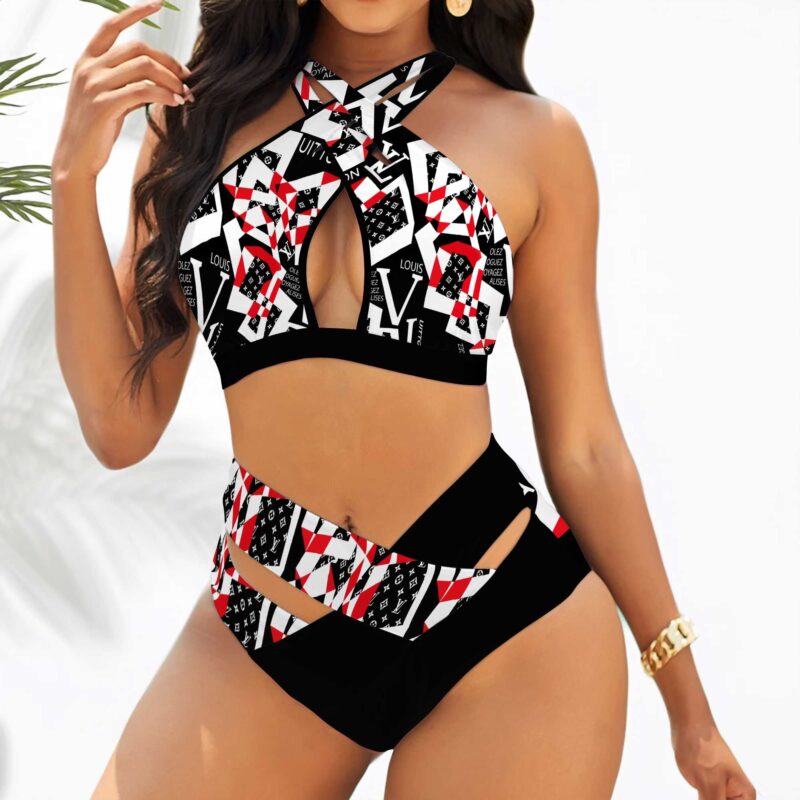 LVH09 Louis Vuitton Black White Red Pattern Crisscross Swimsuit