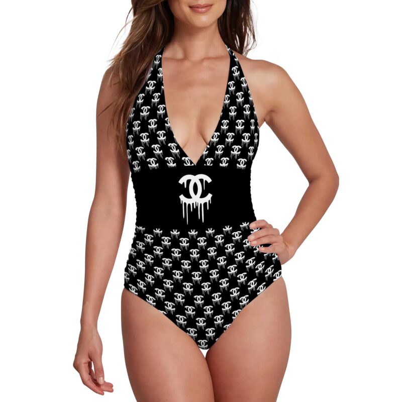 Chanel Dripping Pattern Luxury Halter Neck One piece Swimsuit